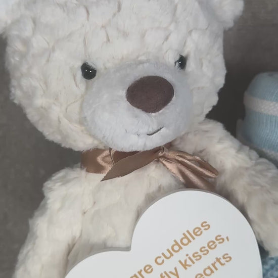 Video of blue baby boy hamper basket gift