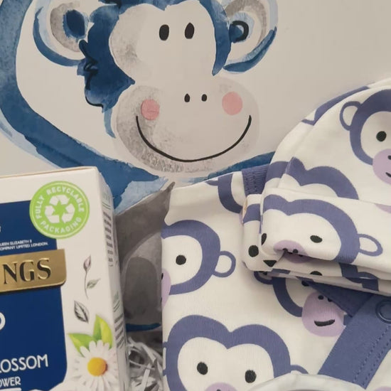 video of a monkey themed baby gift hamper box