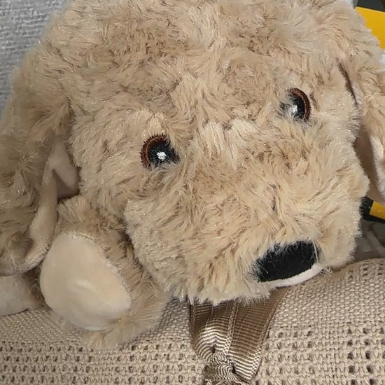 Video of a unisex baby Hamper with plush dog toy, baby blanket, burp cloths and security blankets