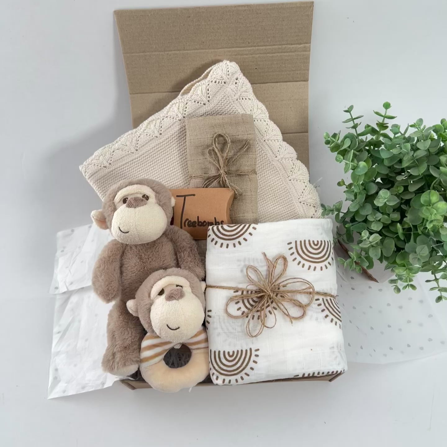 Baby shower gift , unisex monkey themed baby hamper with muslin swaddle blanket and cotton baby blanket