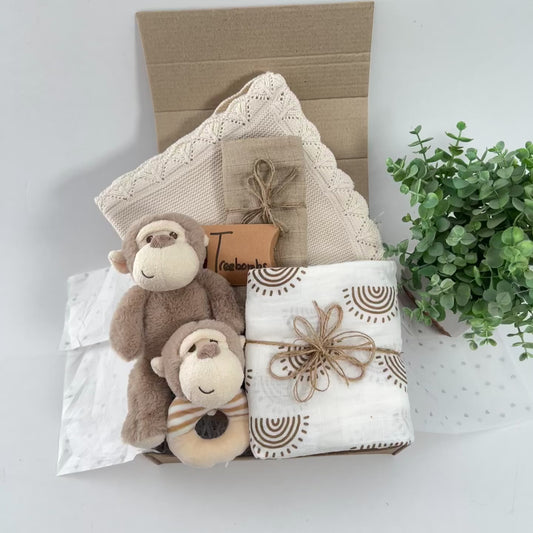Eco Friendly Monkey Around Unisex New Baby Hamper Gift, Soft Cotton Baby Blanket, Rainbow Muslin Swaddle blanket, Baby Shower Gifts.