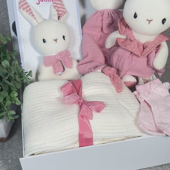 Video of a pink bunny baby hamper