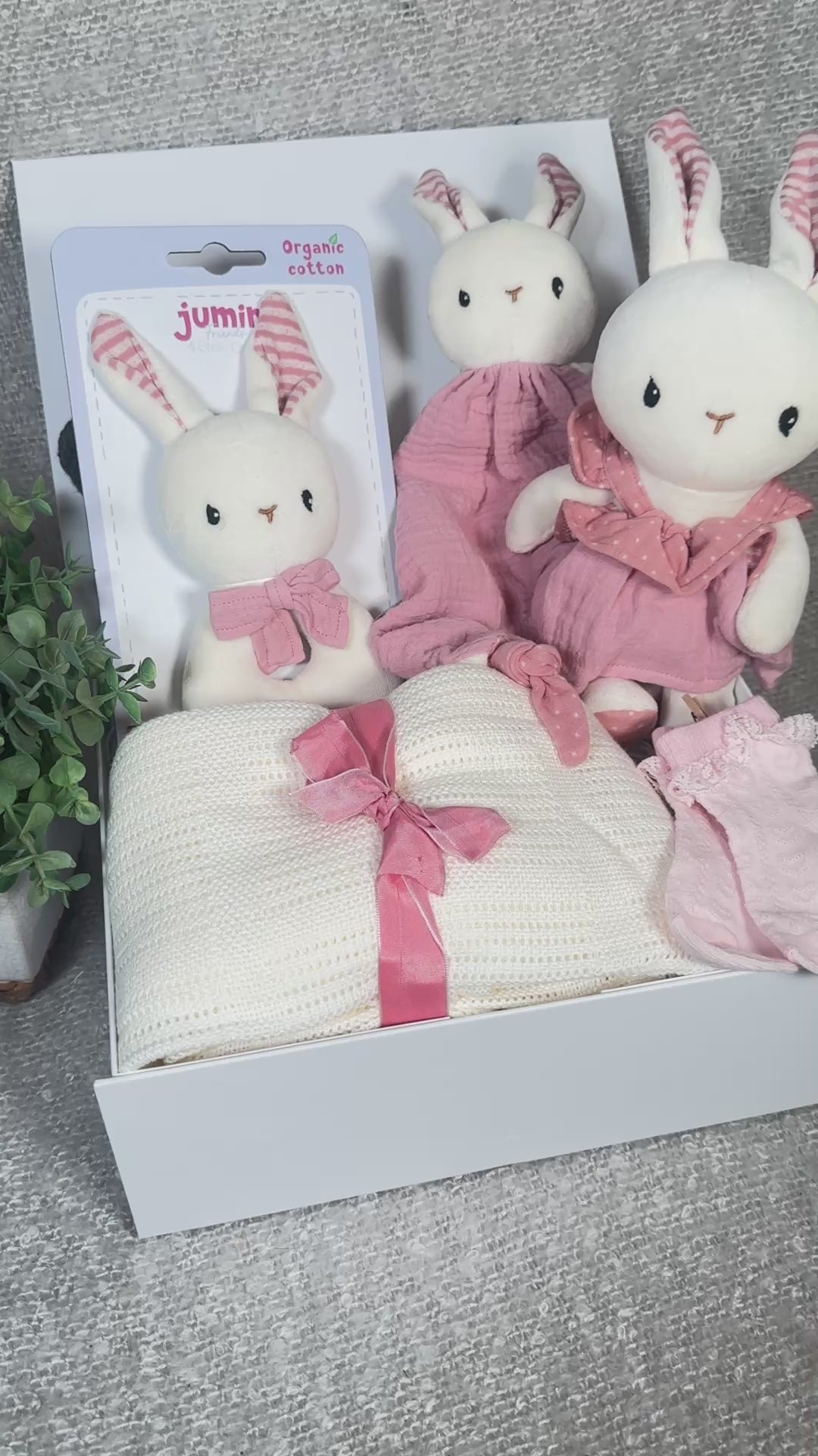 Video of a pink bunny baby hamper