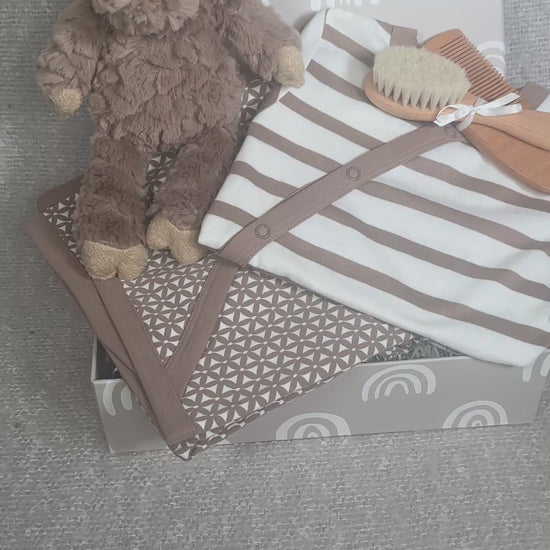 Video of a baby hamper with plush moose toy, blanket, and baby care items on a grey background