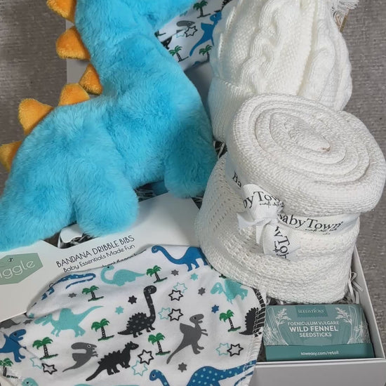 Video of a blue dinosaur new baby hamper with dinosaur toy, baby blanket, dribble bib and baby knotty hat with dinosaur print.