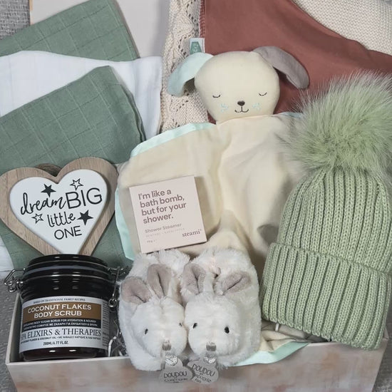 NEW BABY HAMPER SAGE AND TERRACOTTA AND CREAM, BABY BLANKET, BABY COMFORTER , NEW MUMMY TREATS VIDEO