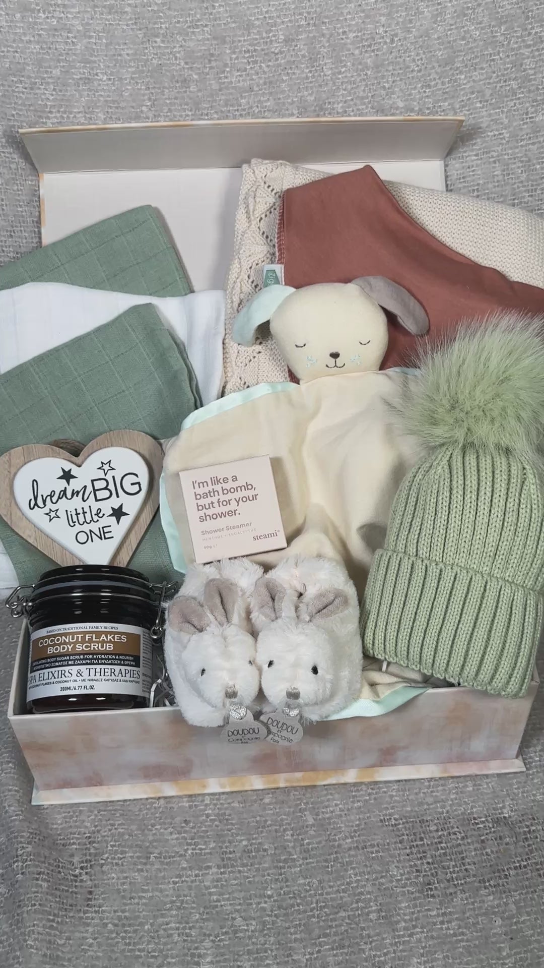 NEW BABY HAMPER SAGE AND TERRACOTTA AND CREAM, BABY BLANKET, BABY COMFORTER , NEW MUMMY TREATS VIDEO