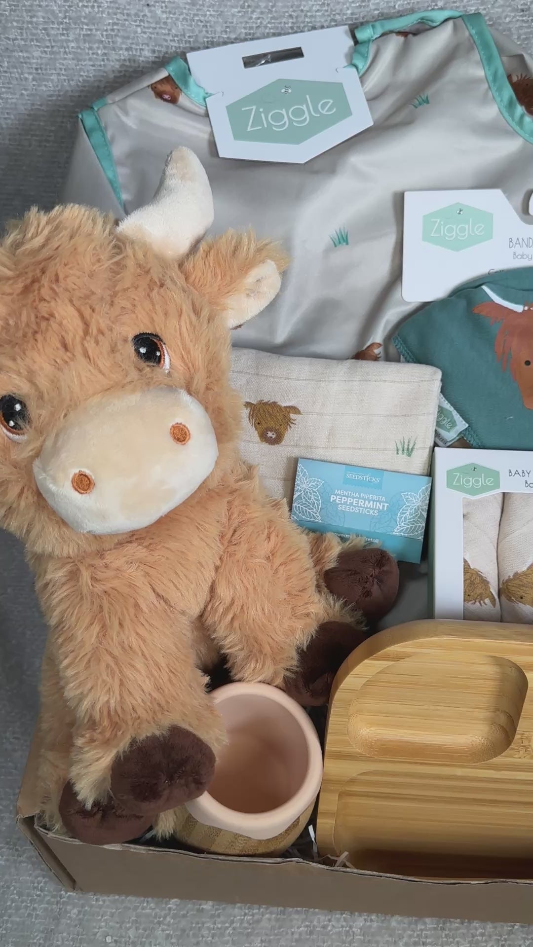 highland cow themed baby hamper gift video