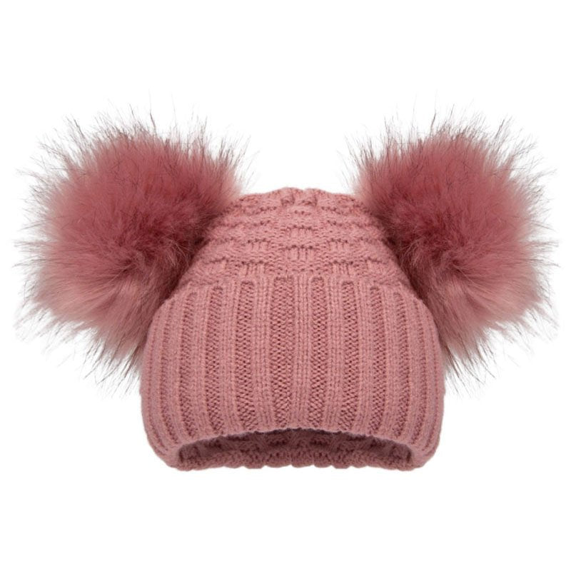 rose pink double pompom baby hat