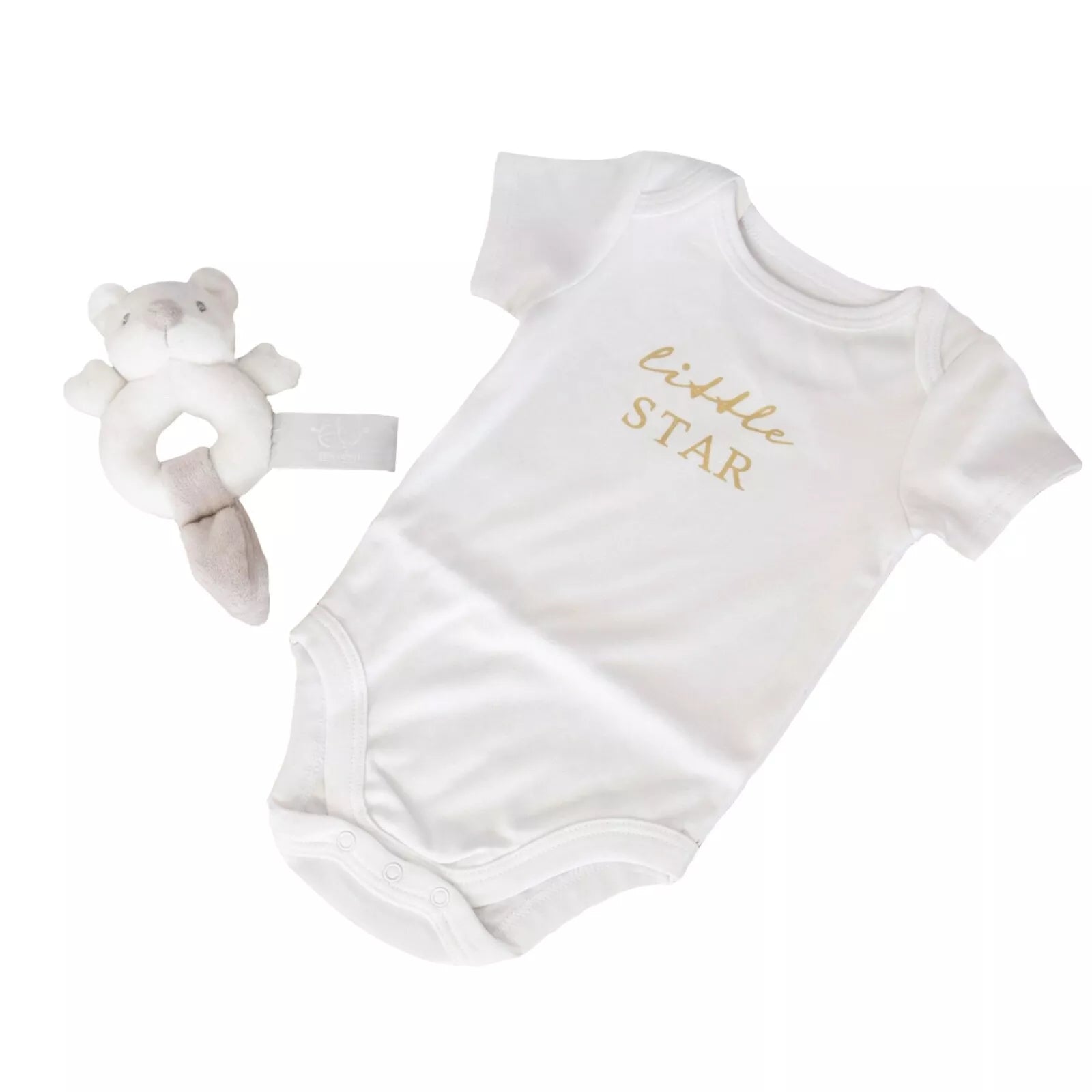 Bambino white baby bodysuit with 'Little Star' text and grey rattle on a white background