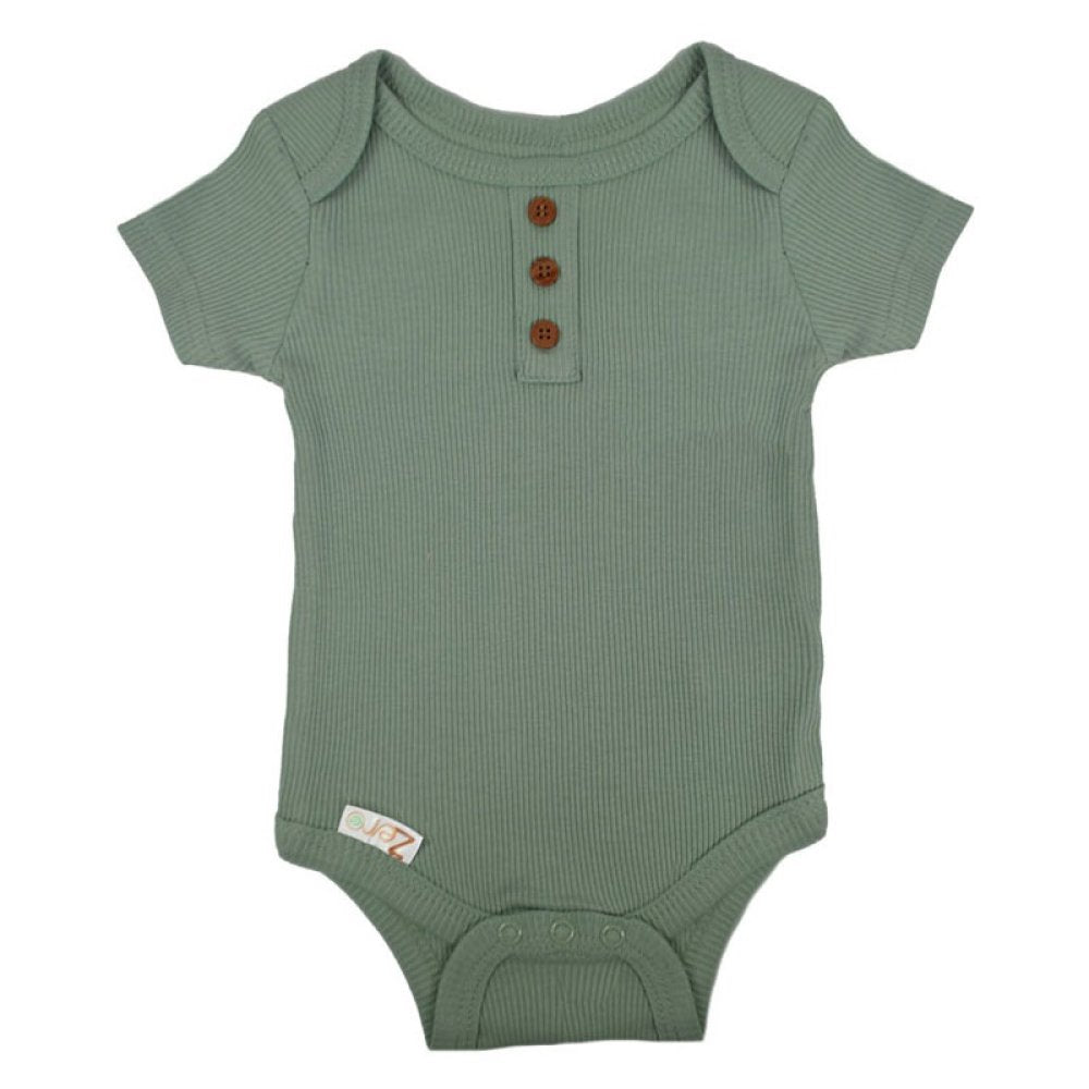 Green baby bodysuit with button details on a white background