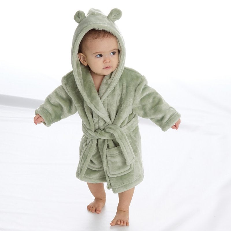 Sage green baby dressing gown with a hood.