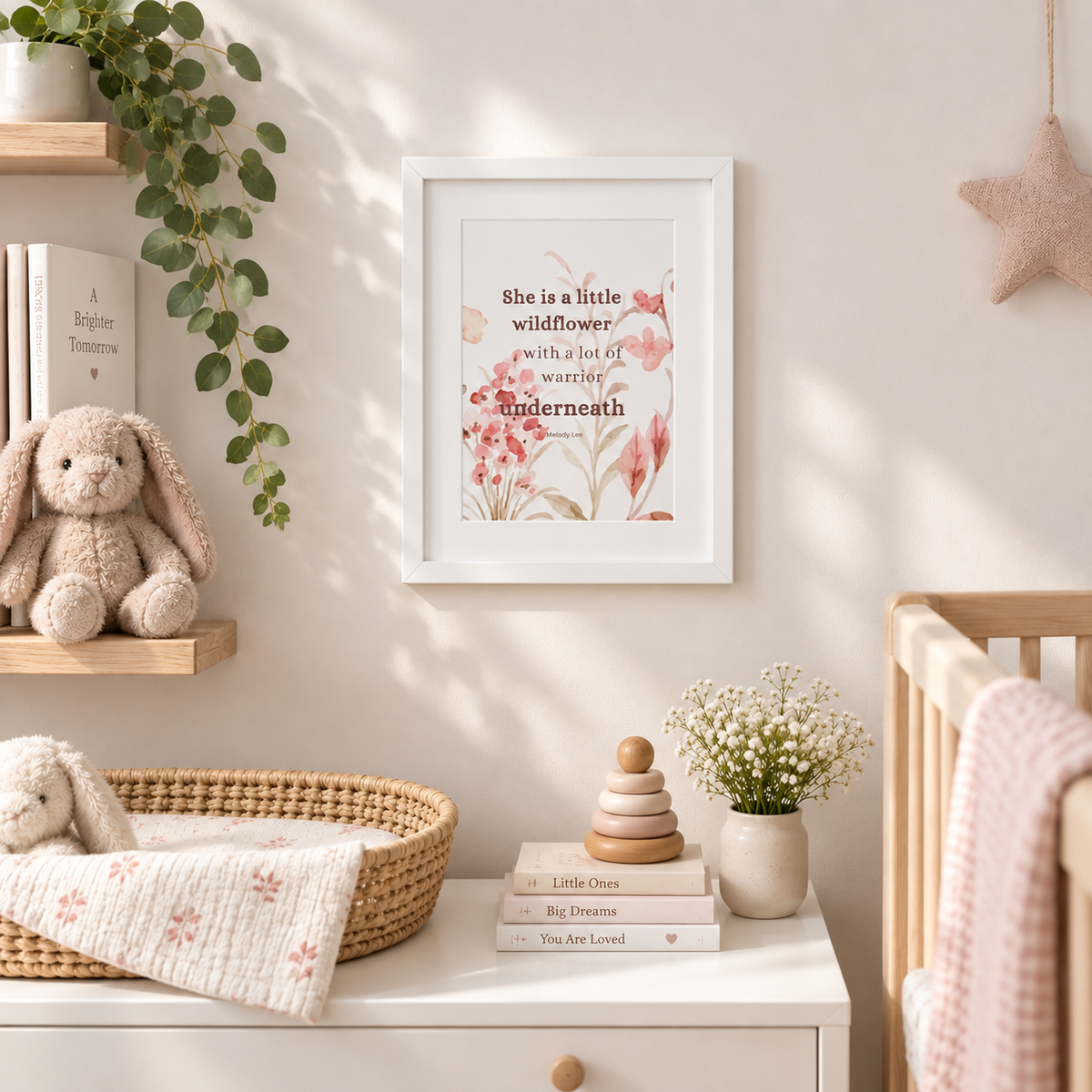A  A4 framed nursery wall art print featuring a quote and soft floral illustration, styled in a warm, neutral-toned baby nursery with a crib, bunny basket, books, and greenery.