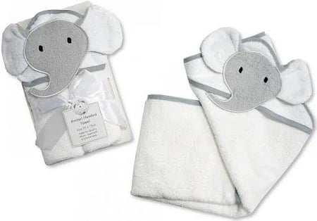100% cotton white and grey hooded baby towel with a elephant face.