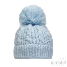 Light blue knitted beanie with a pom-pom on a white background