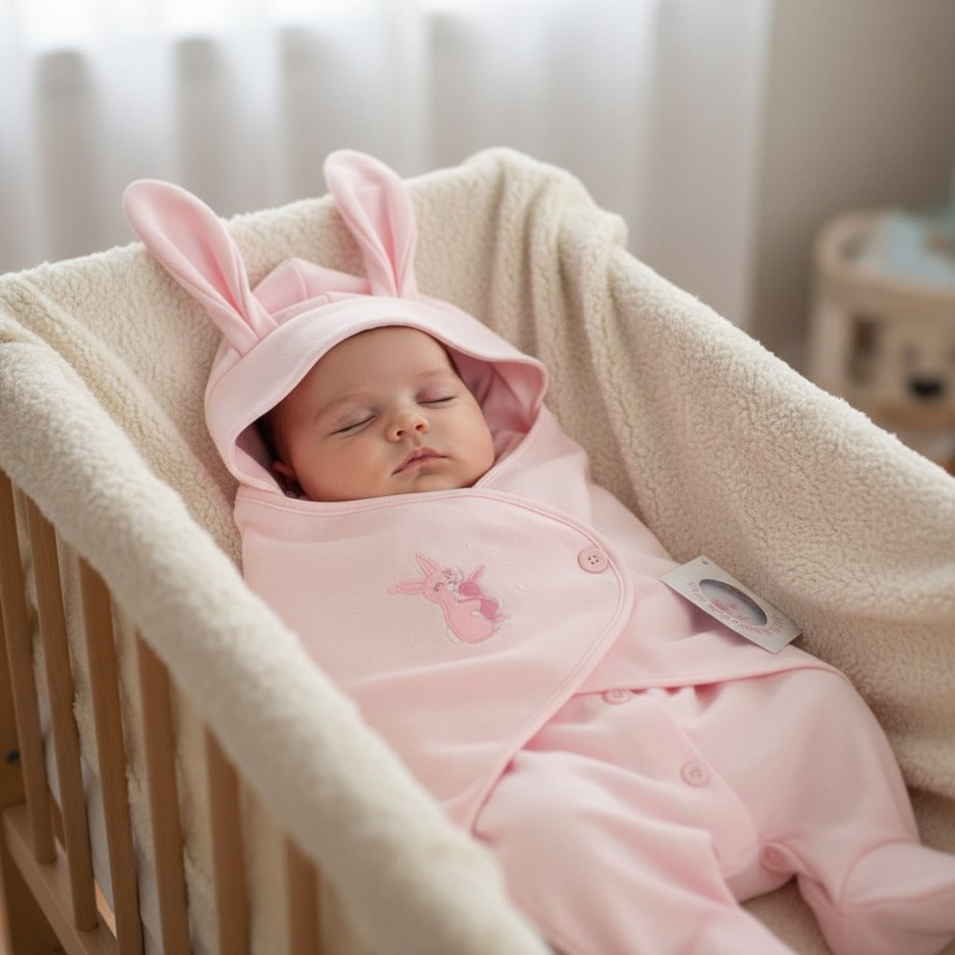Newborn baby in a pink swddle  bunny outfit sleeping in a crib.