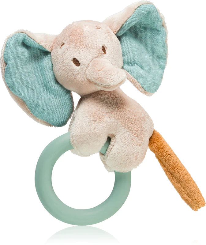 Plush elephant teething toy with a green silicone ring on a white background
