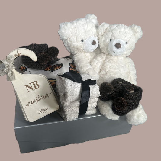 Twins baby hamper with butterfly print rompers and Mary Meyer teddy bears.