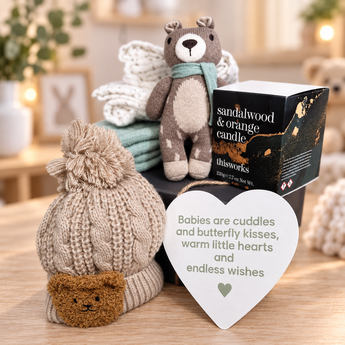 A curated neutral new baby gift hamper in a grey baby keepsake box with bamboo cellular sage green baby blanket, sandalwood and orange scented  candle, 2 baby muslins, knitted bear baby rattle, nursery plaque and pompom baby hat with bear badge