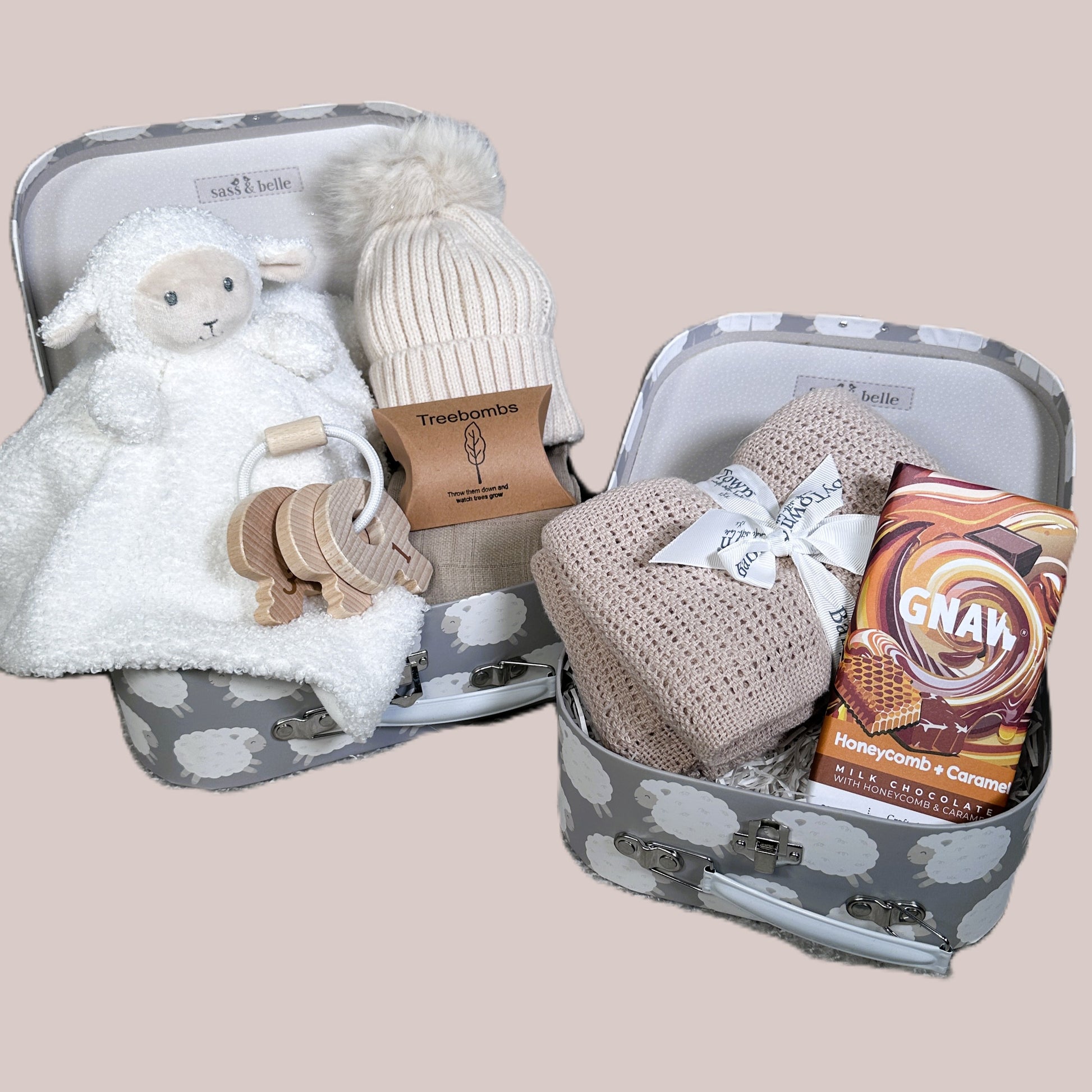 Lamb themed new baby gift hamper with baby blanket, comforter and chocolate