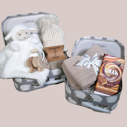Lamb themed new baby gift hamper with baby blanket, comforter and chocolate