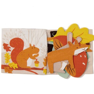 Cloth lift and flap baby book with a handy pram tie. Book is the stiry of a Squirel mummy trying to find her sleeping baby.