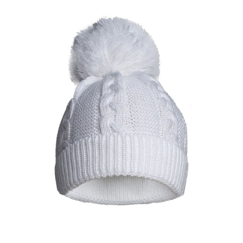 A white baby pompom hat made from recycled materials