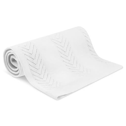 White chevron pattered white cotton baby blanket on a white background