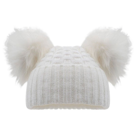 White baby hat with 2  fluffy pompoms.