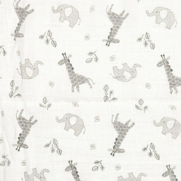 120cms by 120cms white baby swaddle blanket. The baby muslin is white with a grey print of elephants and giraffes.