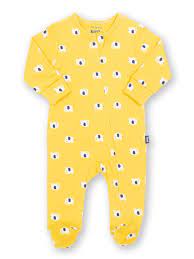 yellow zipped organic cotton baby sleepsuit with a small navy and white elephant print.