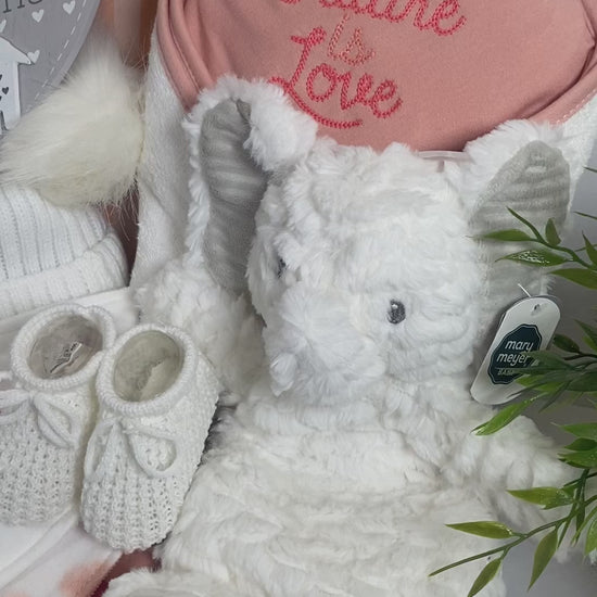 A gorgous floral baby keepsake case contains everything in the new baby girl hamper which contains an organic cotton hooded baby towel in white and peach with the embroidered words "The future is love". A set of 3 matching organic cotton baby bibs in white and peach, a white baby double pom pom hat, a pair of white baby booties, a "Dream big little one" heart shaped nursery plaque with a wooden elephant and a Mary Meyer elephant Lovey.