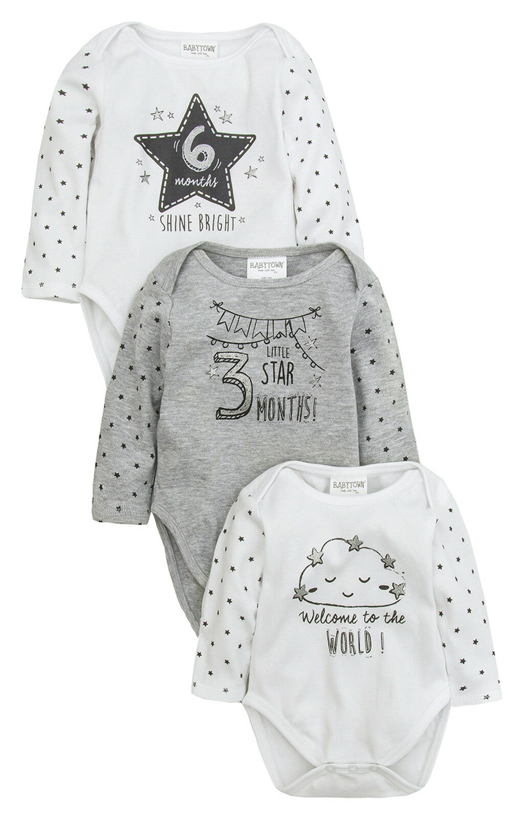 3 cotton baby milestone baby bodysuits in grey , white and black with print that reads " Welcome to the World", "little star 3 months", "6 months shine bright".