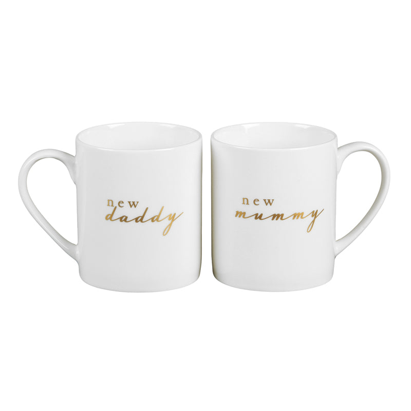 Two china mugs with gold text saying new mummy  and new daddy