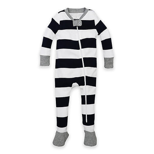 This burt's bees organic cotton sleep suit is white with a wide navy horizontal strip and grey cuffts, neck and feet. The feet have the non slip Burt' sbees logo on them . It has a double zip up the front.