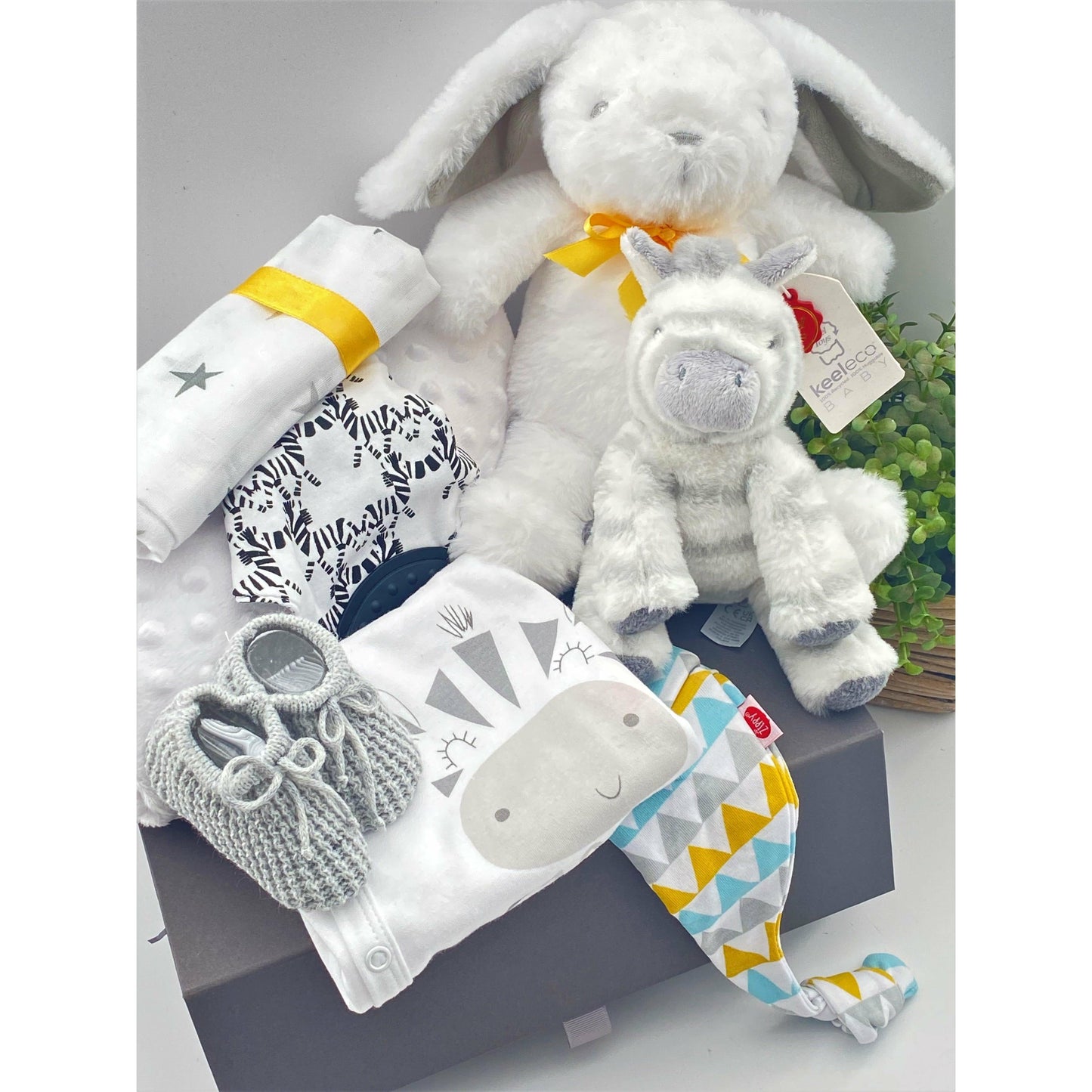 Unisex Newborn Baby Gift Hamper, Bunny Cuddly Toy, White Baby Blanket, Baby Shower Gifts, Baby Keepsake Box In Grey
