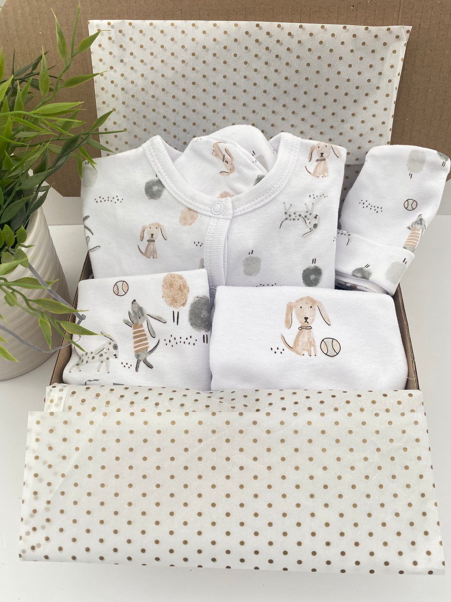 Luxury Neutral New Parents Gift Hamper, Puppy Soft Toy, Cotton Layette Set, Baby Gift Sets, Corporate New Baby Presents