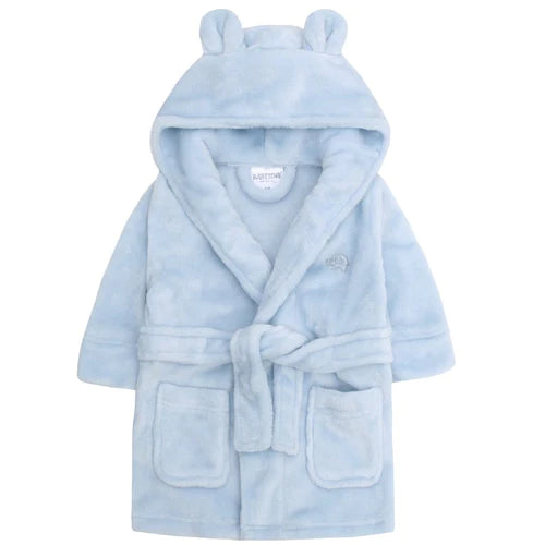 Blue baby dressing gown with hood and bear ears.