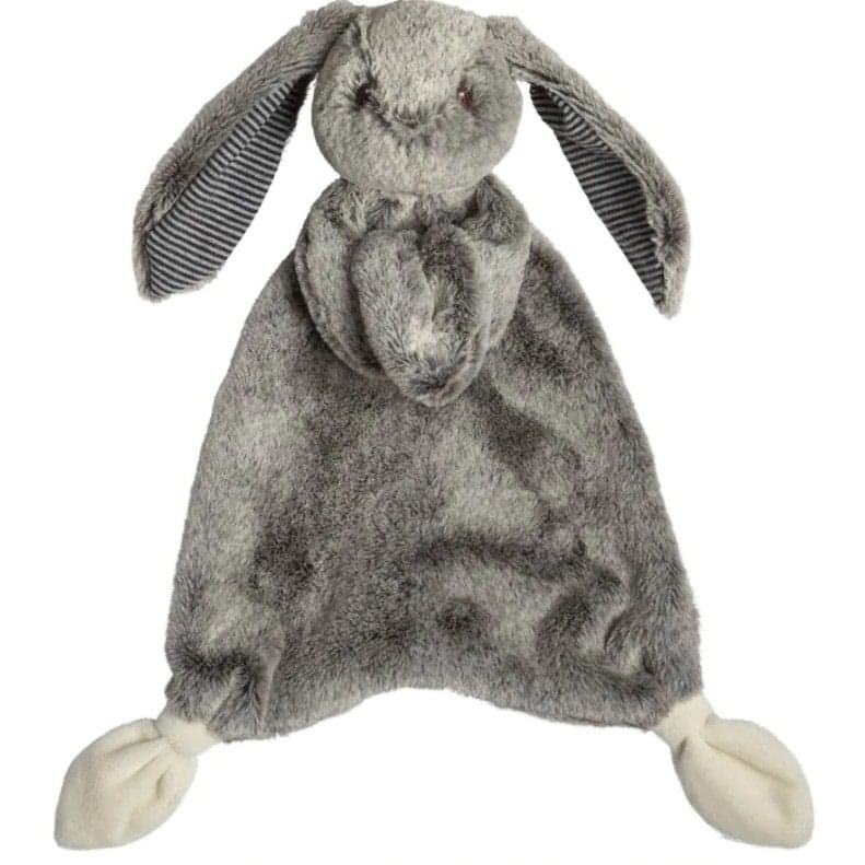  A Mary Meyer soft bunny lovey baby toy in grey and white.