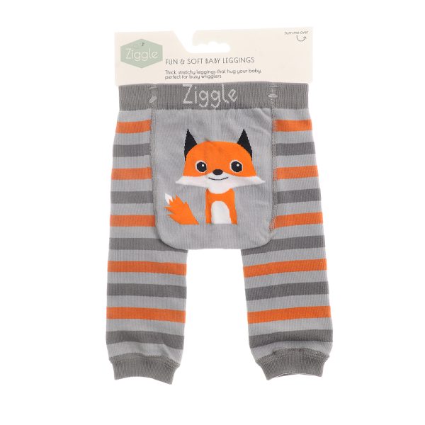 Ziggle orange and grey striped baby leggings with a fox face on the bottom.