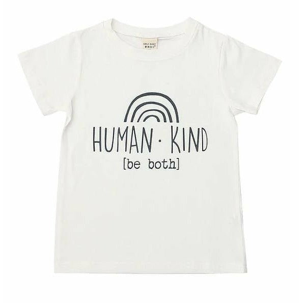 Baby T shirt in white cotton with a picture of a rainbow in black and black text which reads "Human Kind - be both.