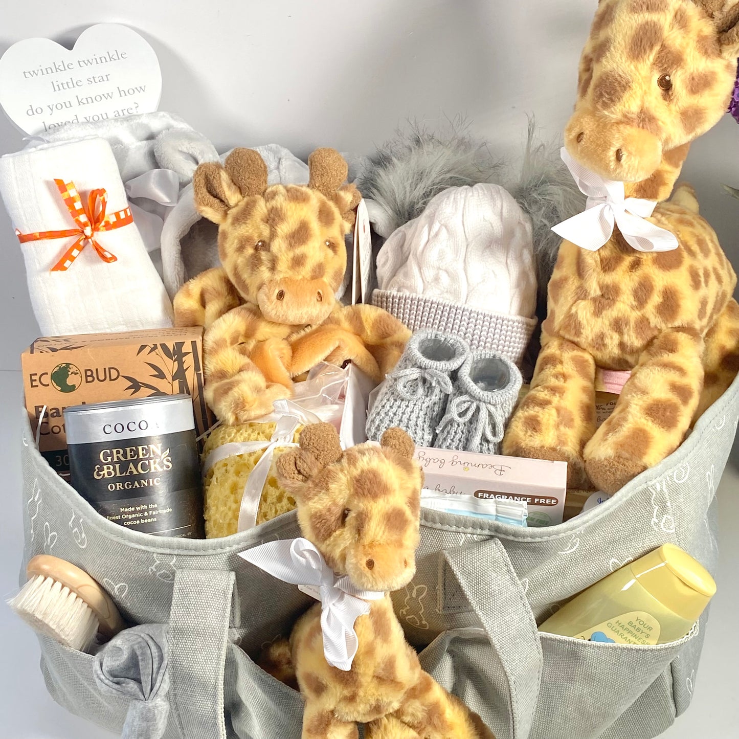 Twins giraffe nappy caddy baby hamper gift.