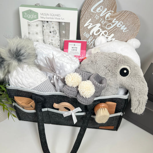 Unisex New Baby Nappy Caddy Hamper Done by Deer Elephant Baby Toy,Baby Dressing Gown, Ziggle Baby Muslins, Corporate Baby Gifts, Baby Shower Presents, New Mummy Gifts.