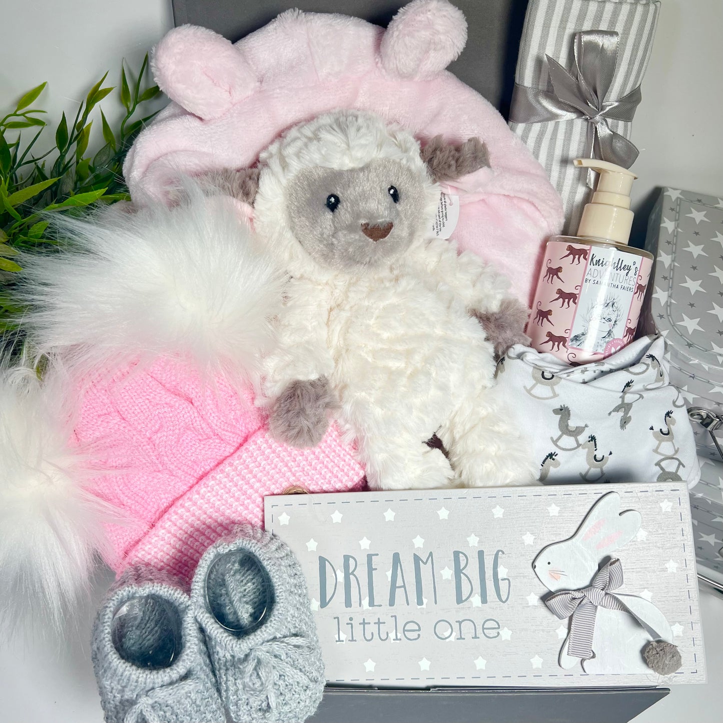 Adorable Baby Girl Hamper, Pink Baby Dressing Gown, Lamb Soft Baby Toy, Baby Pom Pom Hat, New Mum Hampers, Baby Shower Presents.
