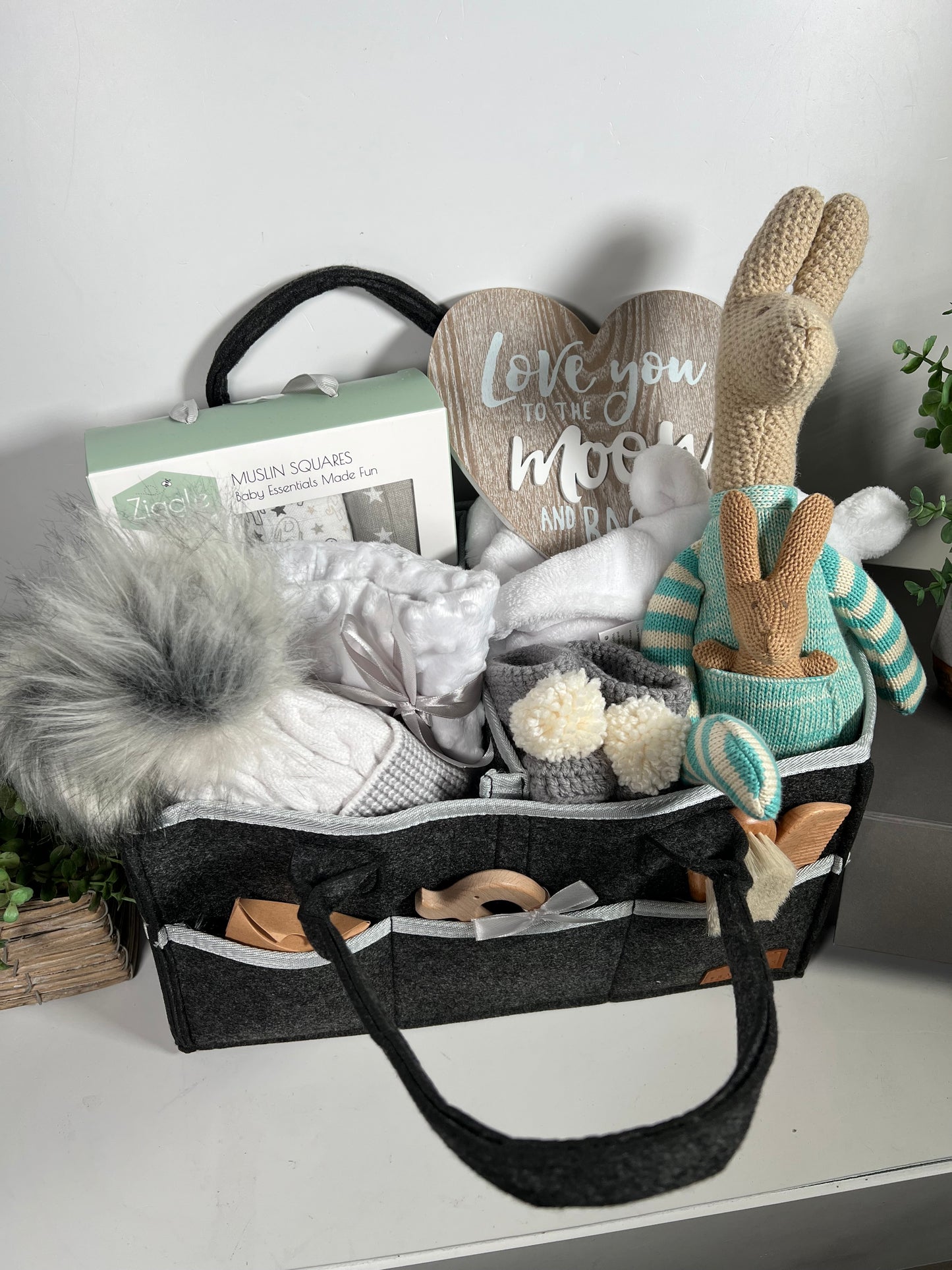 Unisex New Baby Nappy Caddy Hamper Done by Deer Elephant Baby Toy,Baby Dressing Gown, Ziggle Baby Muslins, Corporate Baby Gifts, Baby Shower Presents, New Mummy Gifts.