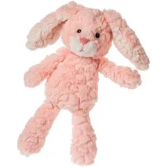 A Mary Meyer soft rabbit baby toy in pink and white with an embroidered face