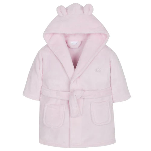 Pink baby dressing gown with hood and bear ears.