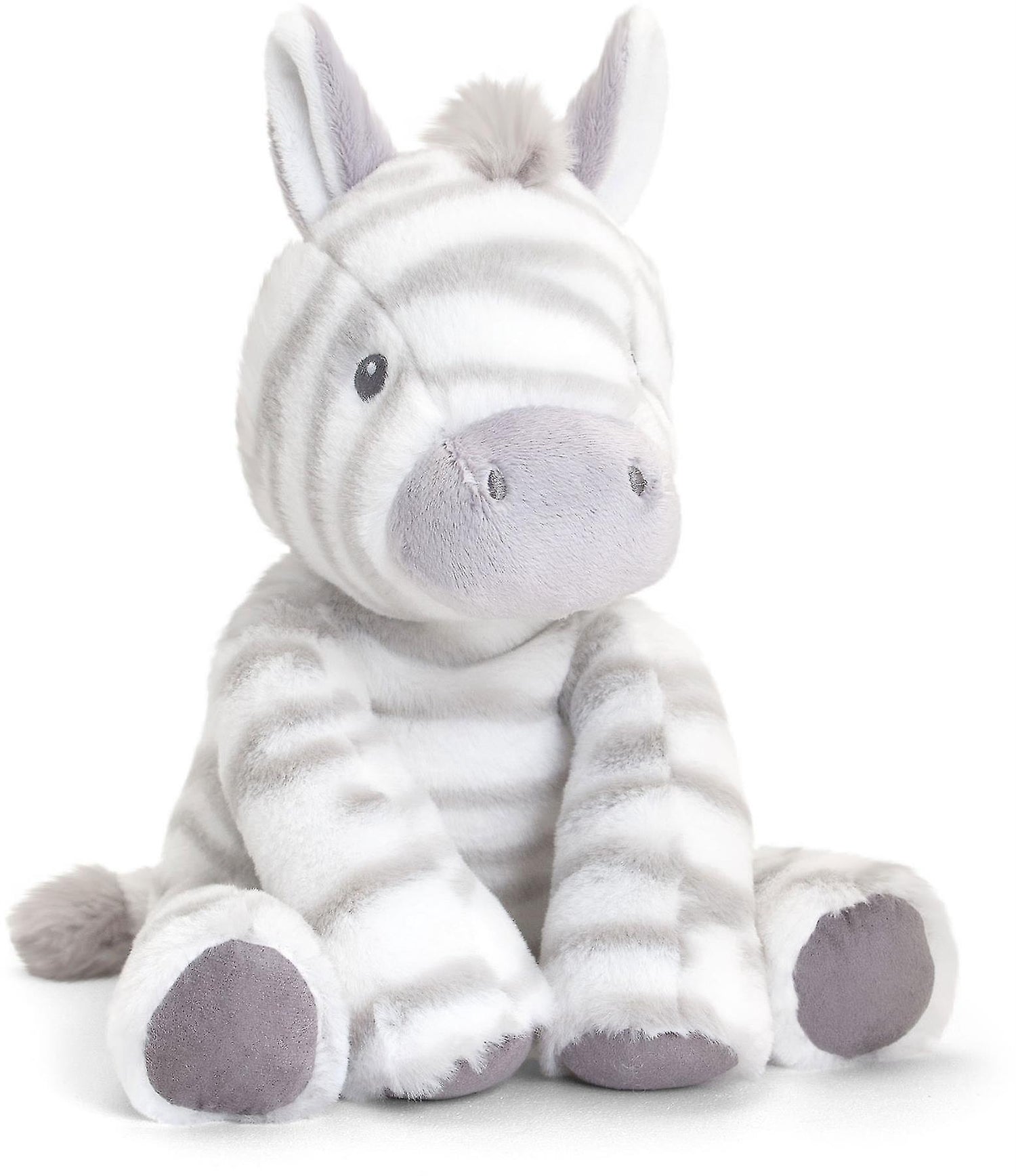 A 25cm Keeleco soft baby toy zebra in white and grey.