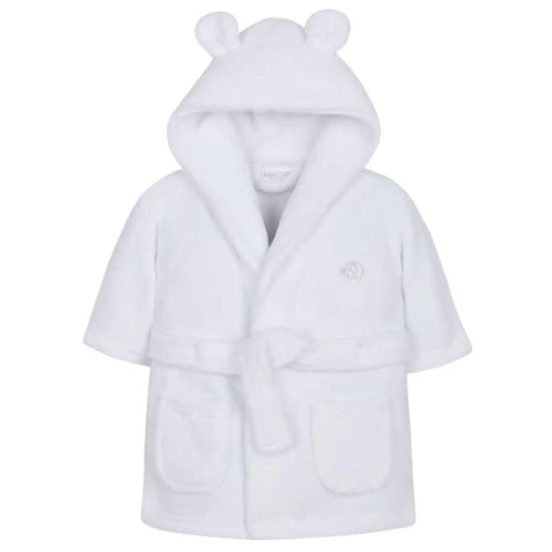 White baby dressing gown with hood and bear ears.