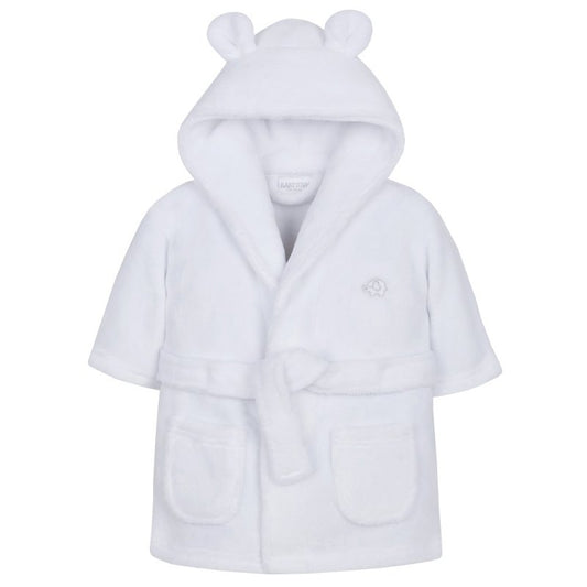 A white baby dressing gown with a hood and bear ears. The belt is sewn into the body of the dressing gown.